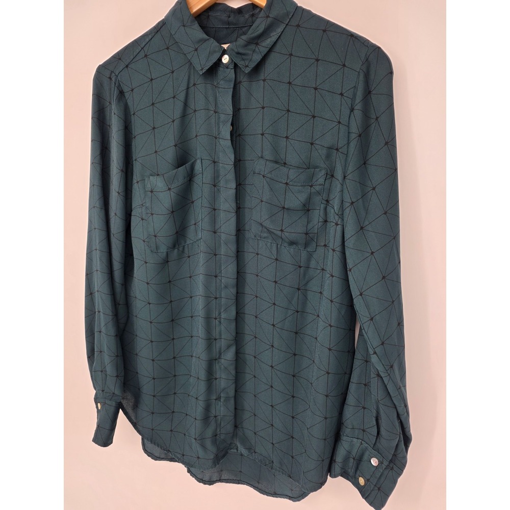 Women's A New Day Long Sleeve Blouse Size Medium Forest Green Geo Print Academia